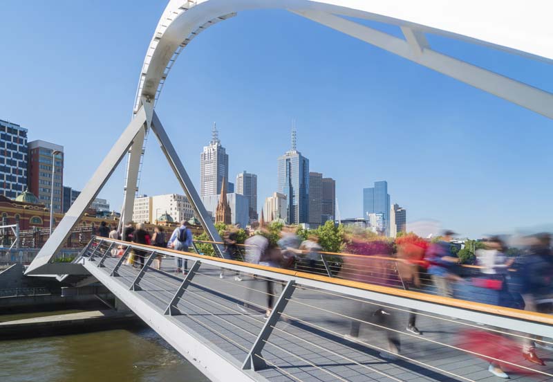 People walking across the Southgate footbridge in Melbourne