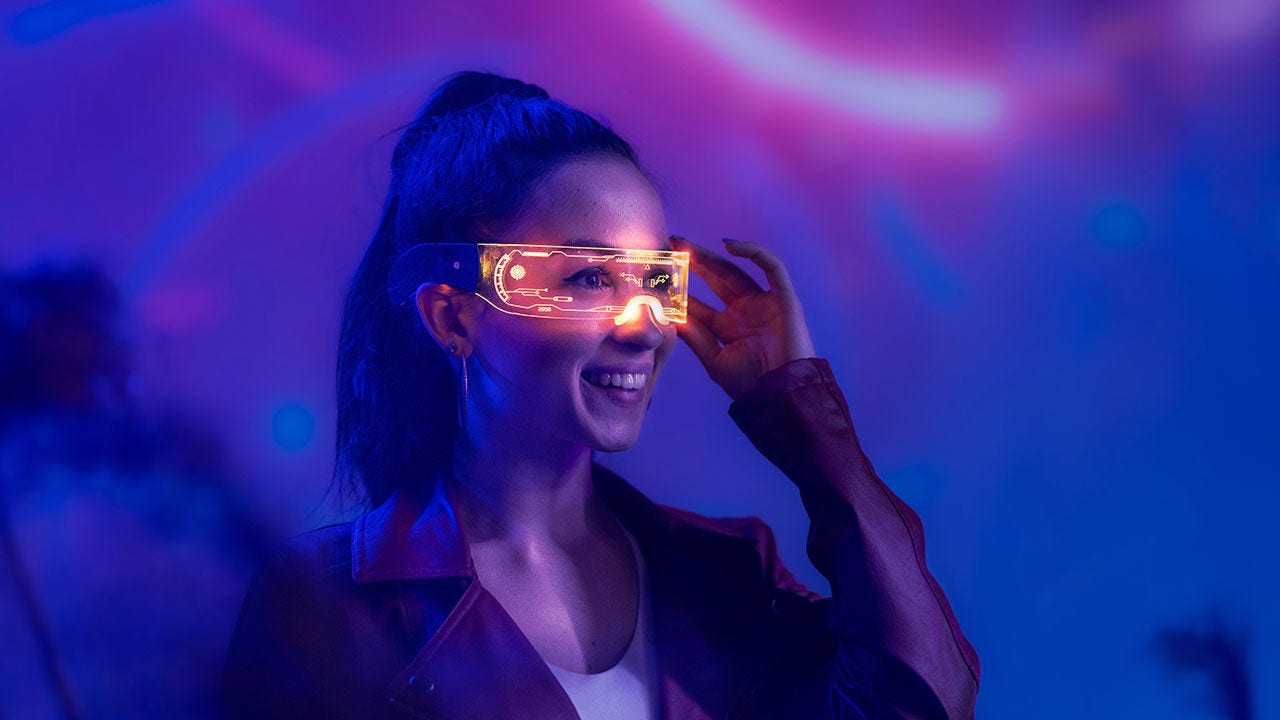 Young woman with AI glasses, metaverse