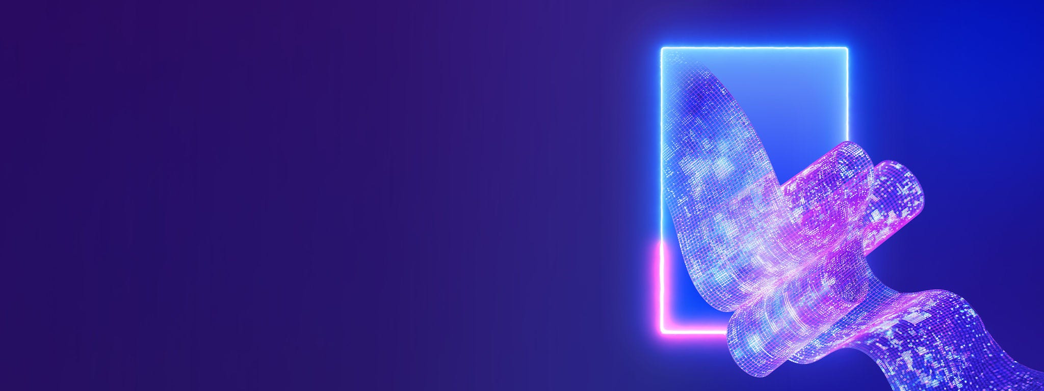 Pink and white tech ribbon inside a neon blue and pink rectangle