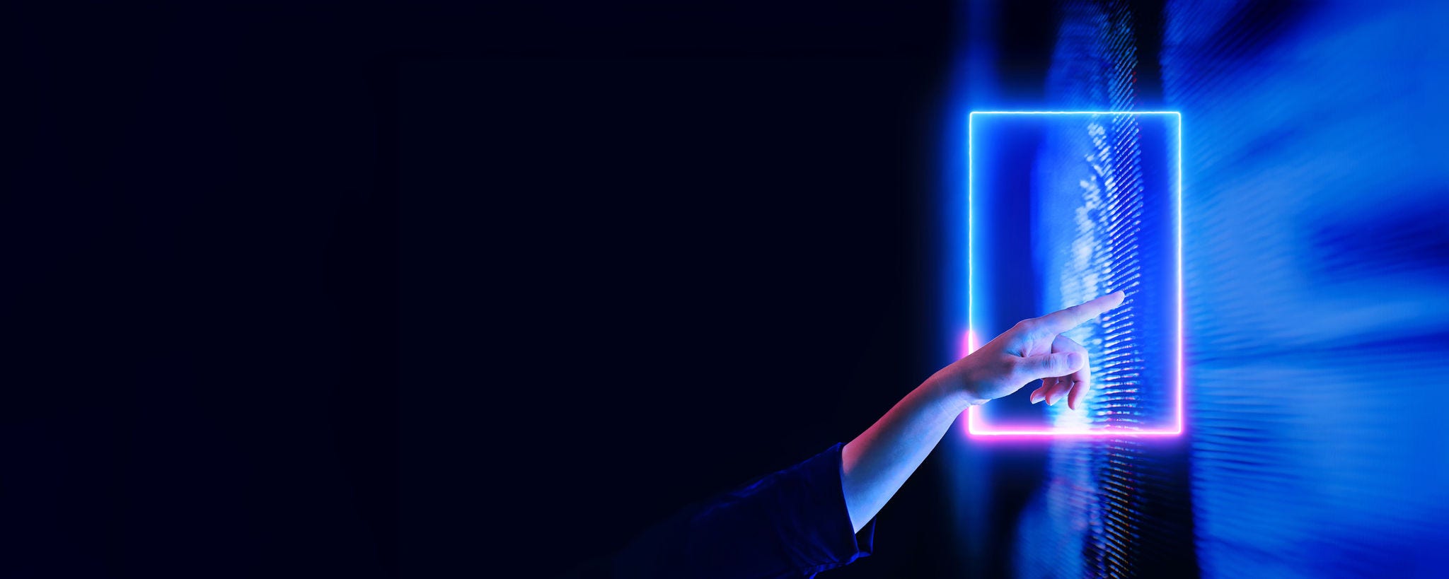 Accountable AI, Hand pointing at AI glowing blue and pink frame, Challenger