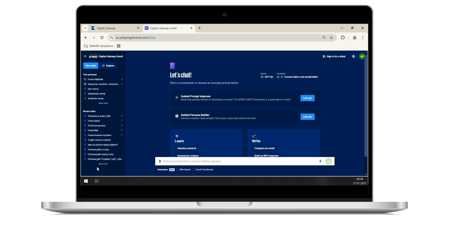 laptop z otwartą aplikacją KPMG Digital Gateway GenAI