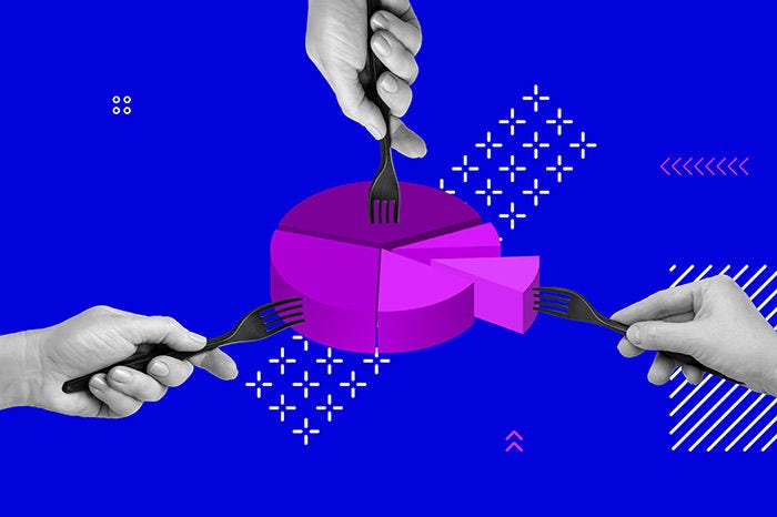 Hands with forks taking pieces of a pie chart