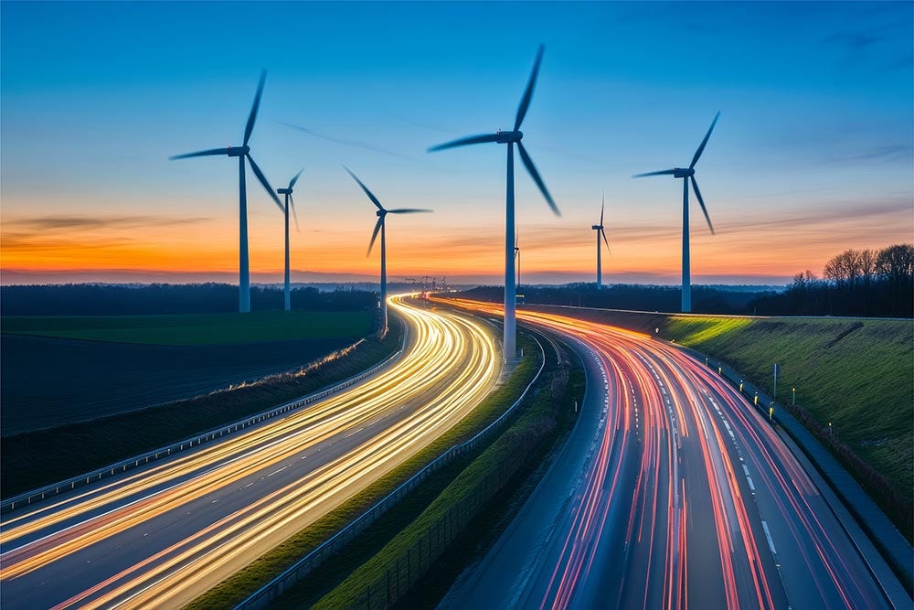 Wine turbines amid neon light trails on busy road
