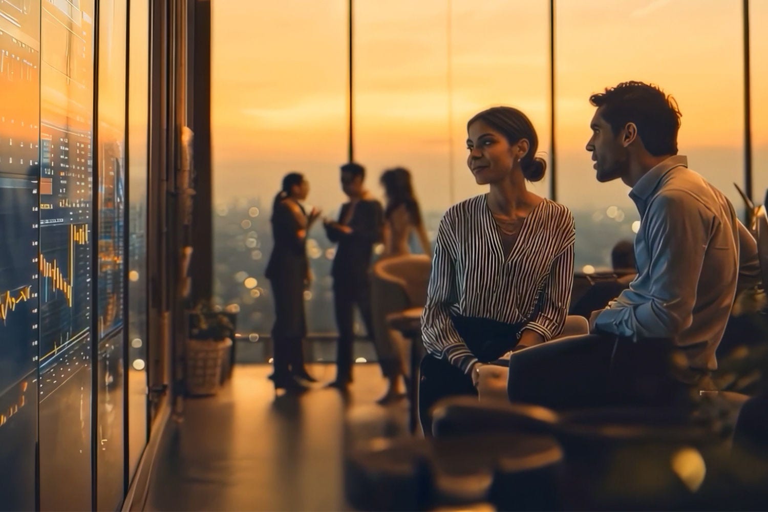 People talking in an office with data screens at sunset.