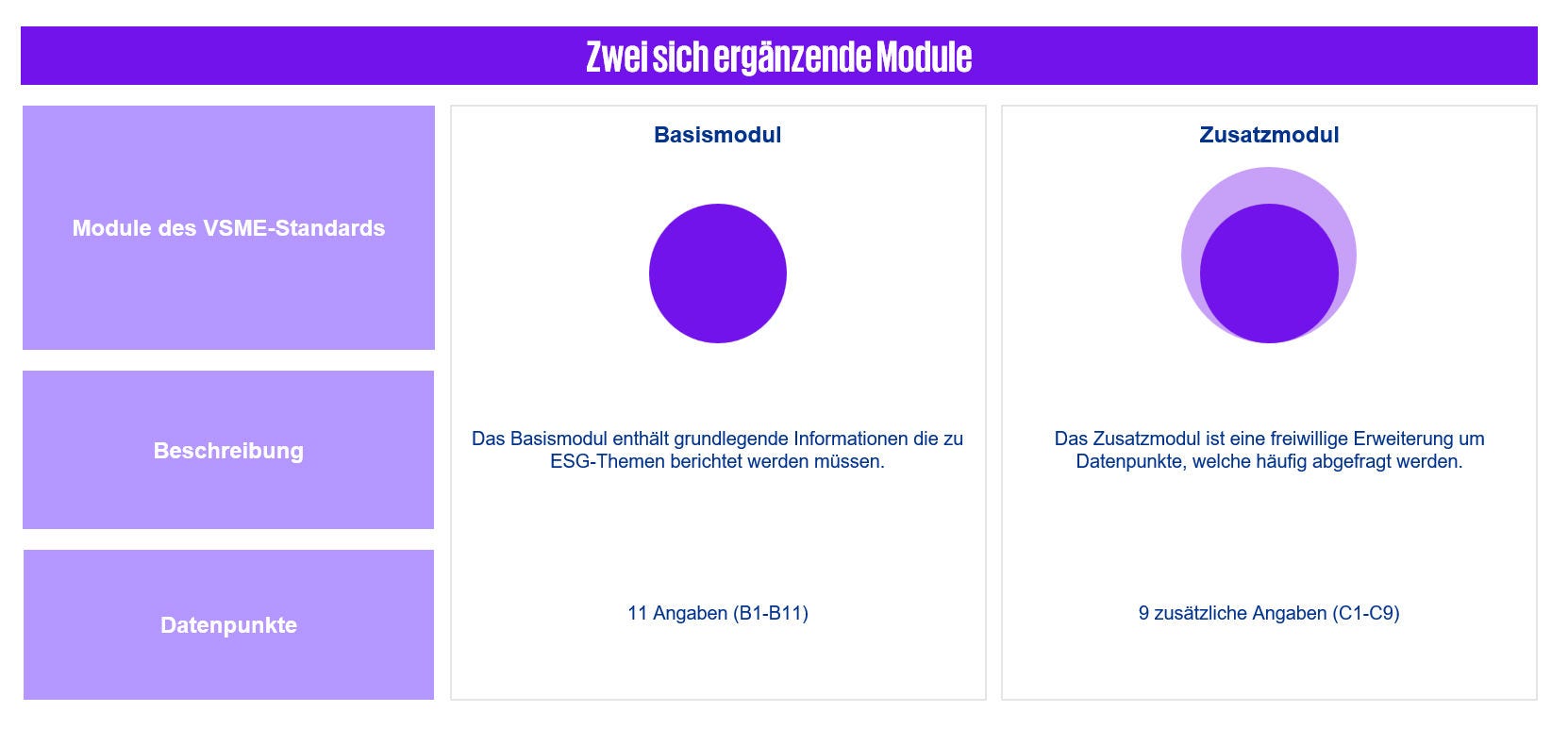 Grafik „Zwei sich ergänzende Module“: links Basis­modul mit 11 Angaben (B1–B11) zu grundlegenden ESG-Berichten; rechts Zusatzmodul als freiwillige Erweiterung mit 9 Angaben (C1–C9).