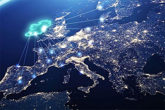 Ireland seen from space with lines connecting it to other countries