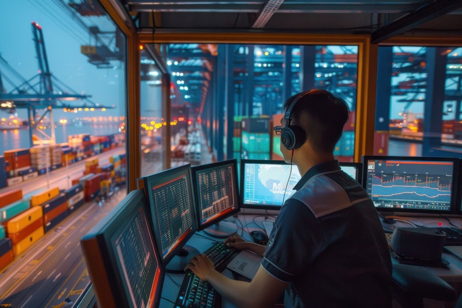 A person monitors computer screens in a control room overlooking a container port with cranes