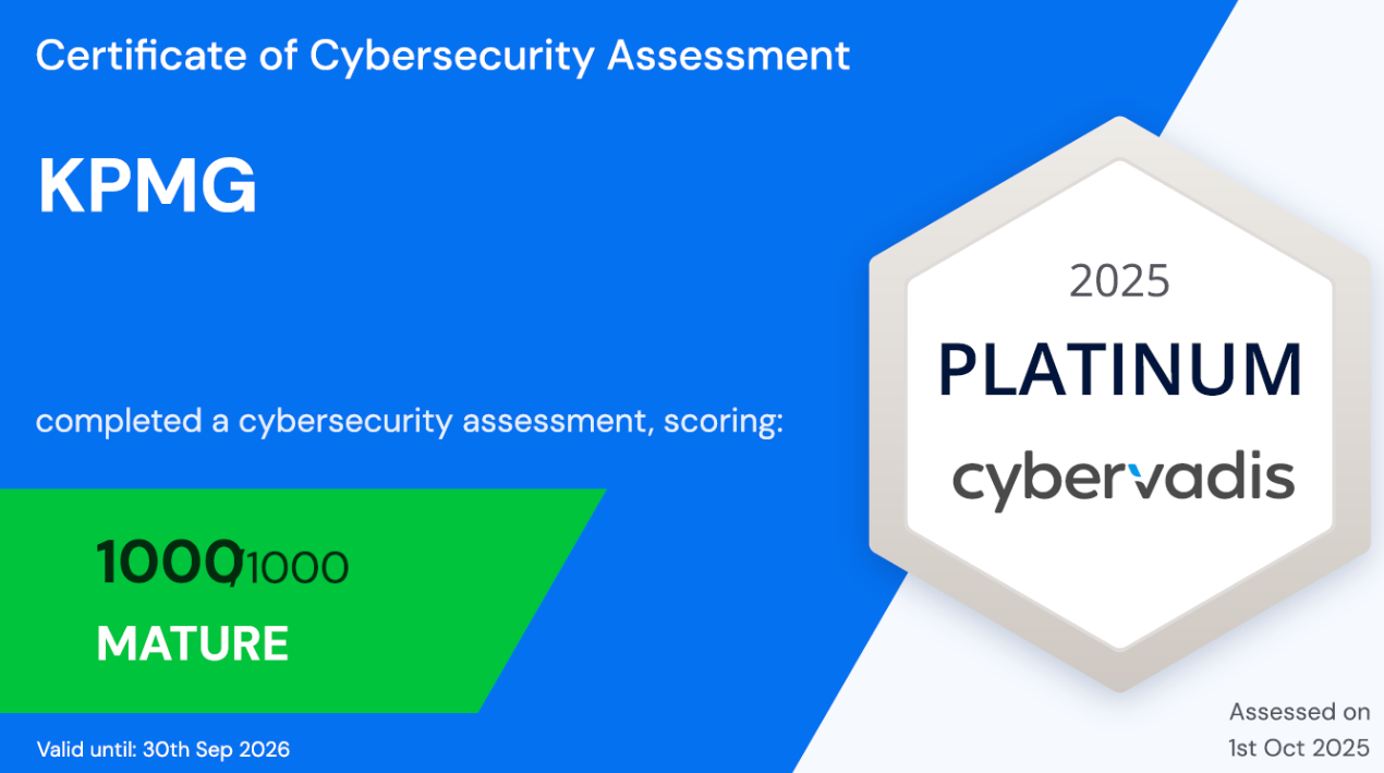 KPMG a obtenu le score de 1000/1000 pour son évaluation CyberVadis, une référence en matière de notation de la cybersécurité des entreprises.