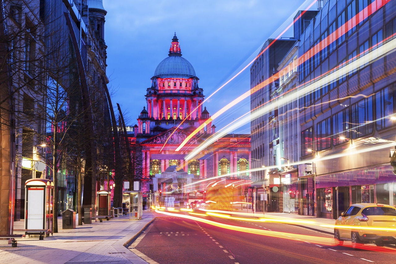 City Hall Belfast, at night, with light trails