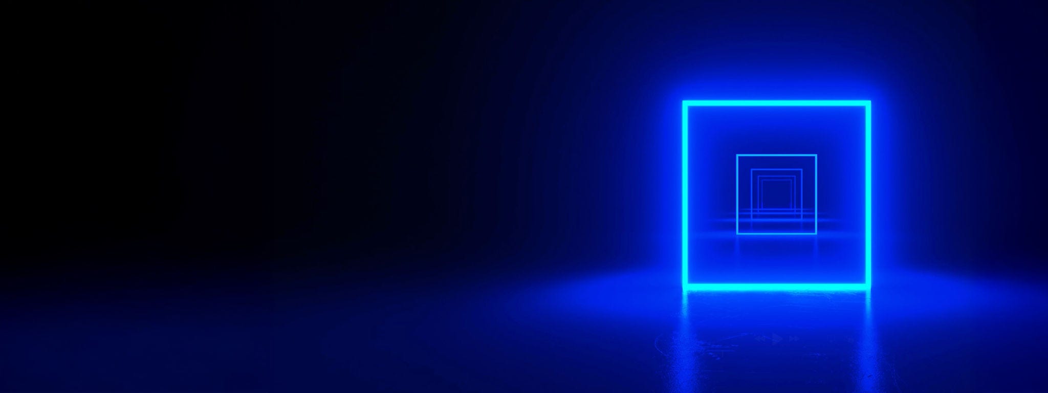 Glowing square neon cobalt boxes against a dark background