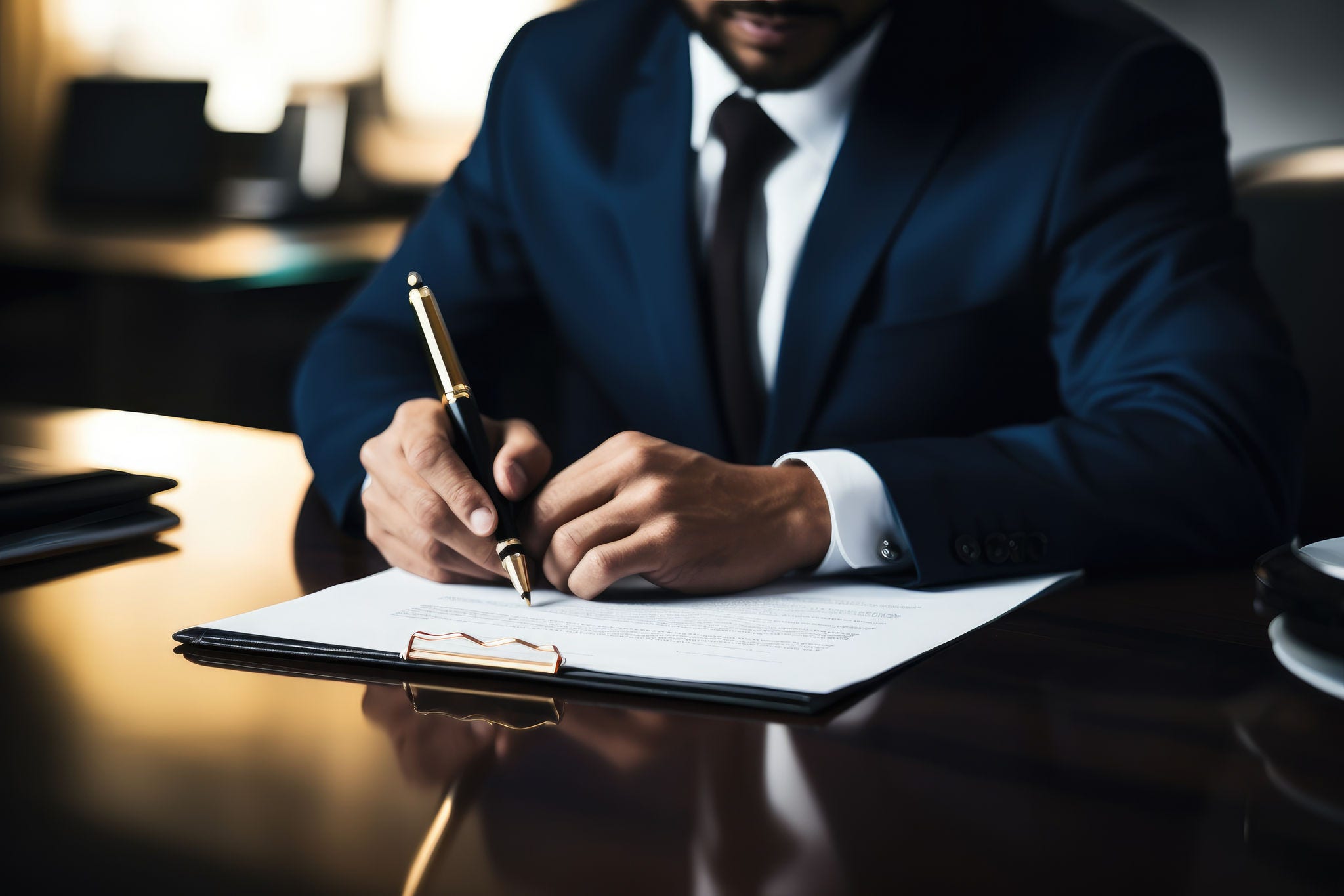 Hand Signing Law Contract Document In Office. Generative AI.