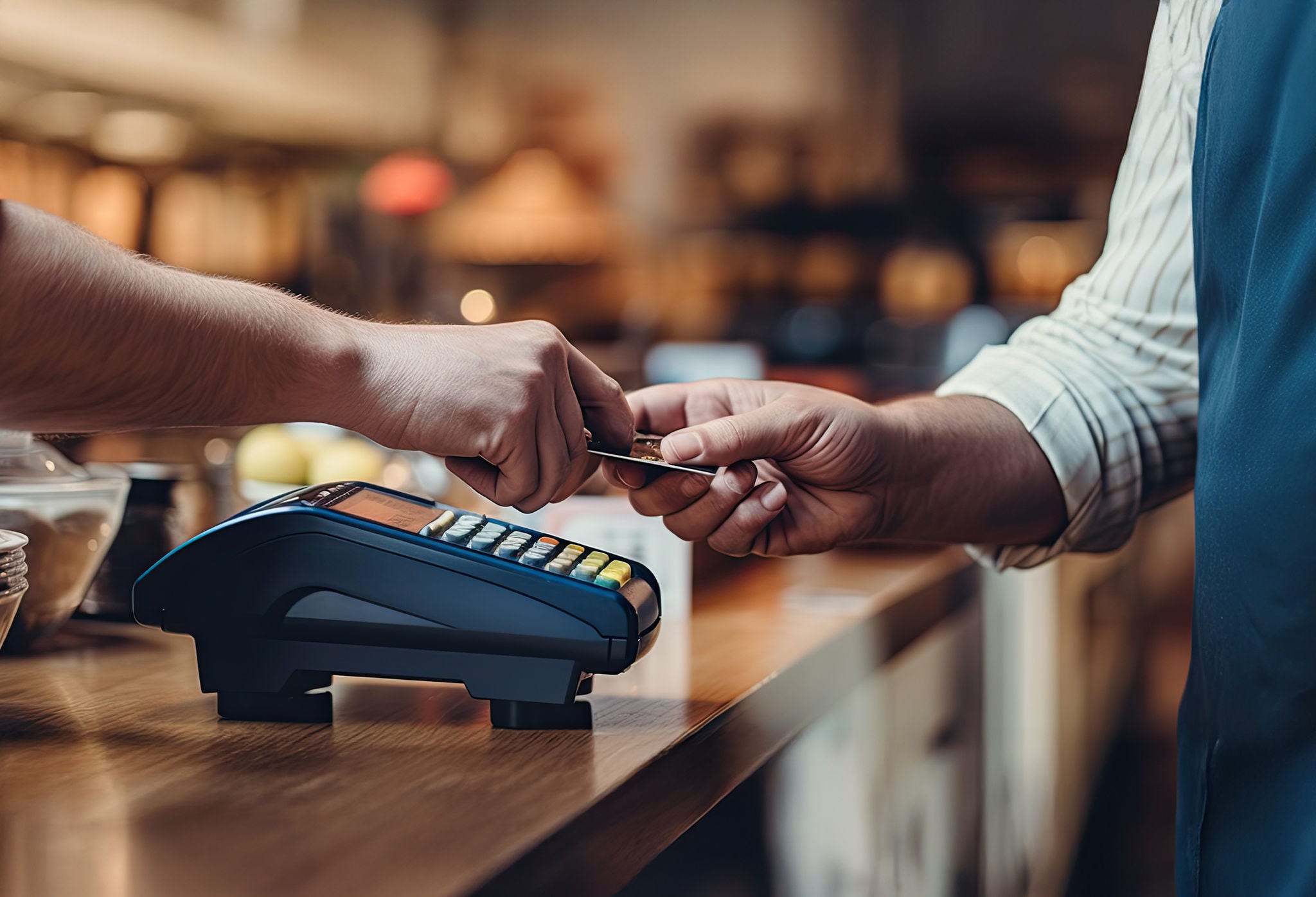 A clerk and a customer recommending electronic payment
