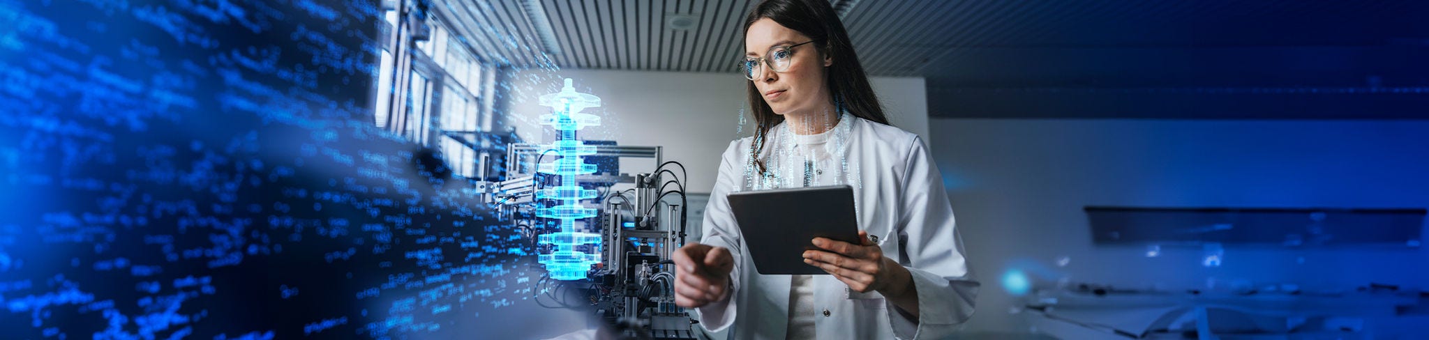 Female engineer holding tablet in futuristic lab