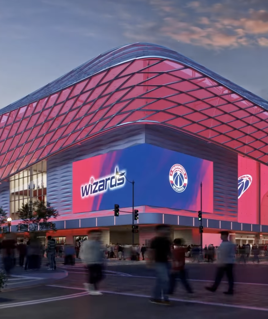 sports stadium at night illuminated with neon lights